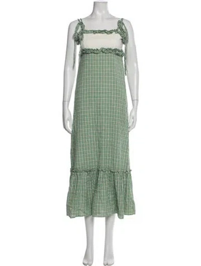 Pre-owned Rixo London Plaid Print Long Dress In Green