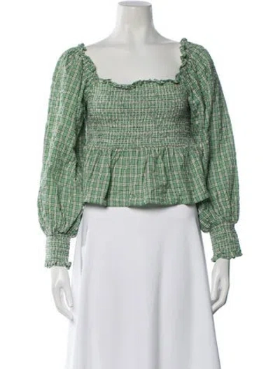 Pre-owned Rixo London Plaid Print Square Neckline Blouse In Green