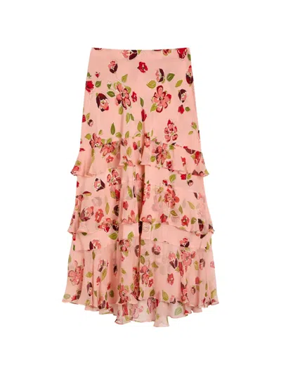 Rixo London Rixo Preslee Floral Ruffled Silk-chiffon Midi Skirt In Pink