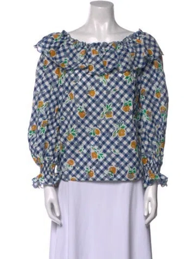 Pre-owned Rixo London Printed Bateau Neckline Blouse In Blue