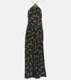 Rixo London Floral Halterneck Silk Midi Dress In Black