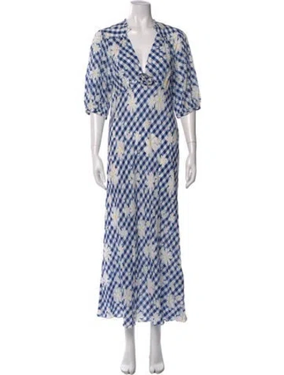 Pre-owned Rixo London Printed Long Dress In Blue