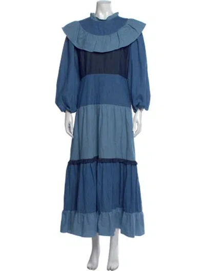 Pre-owned Rixo London Printed Long Dress In Blue