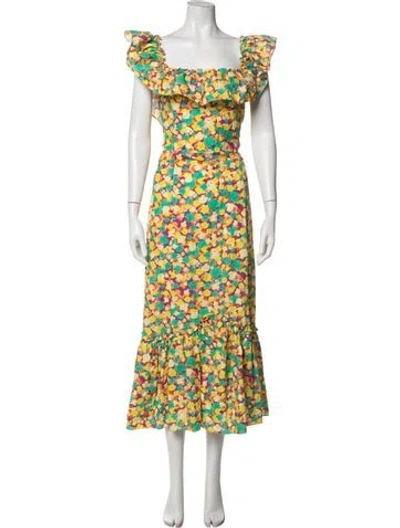 Pre-owned Rixo London Printed Long Dress In Yellow