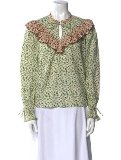 Pre-owned Rixo London Printed Mock Neck Blouse In Green
