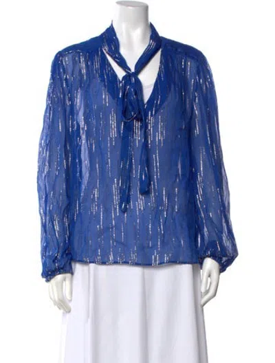 Pre-owned Rixo London Printed Tie Neck Blouse In Blue/metallic
