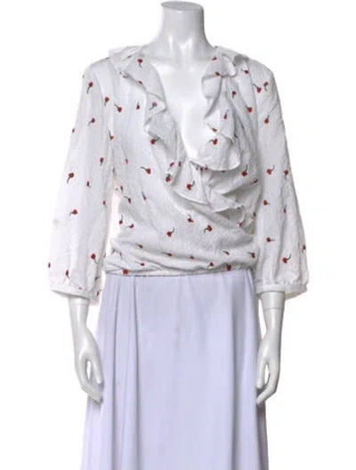 Pre-owned Rixo London Printed V-neck Blouse In White