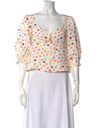 Pre-owned Rixo London Printed V-neck Blouse In Yellow