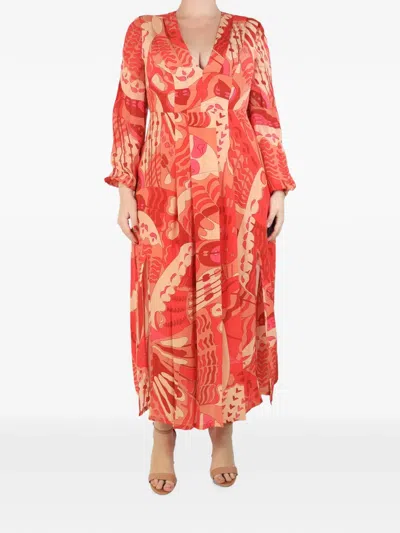 Pre-owned Rixo London Printed V-neck Maxi Dress In Orange