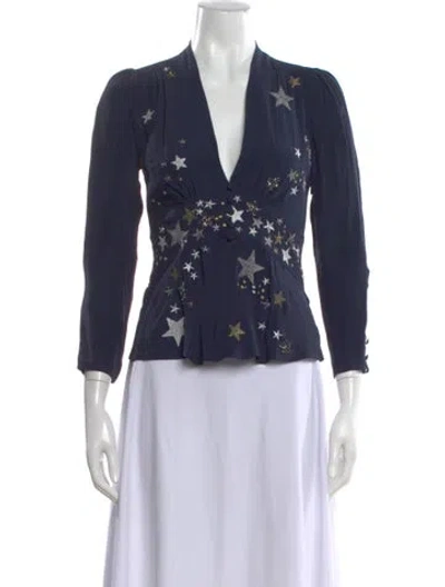 Pre-owned Rixo London Printed V-neck Top In Blue