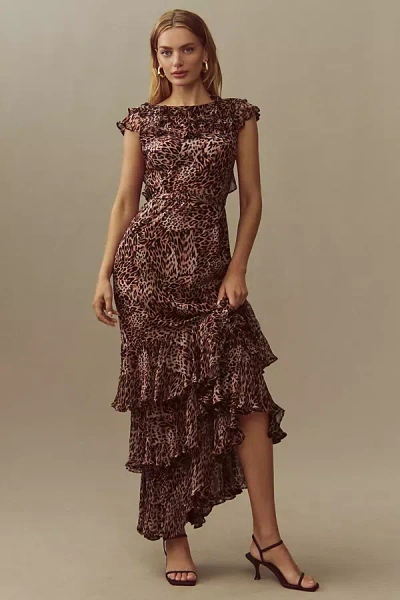 Rixo London Rio Animal-printed High-neck Tiered Maxi Dress In Brown