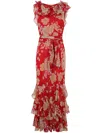 Rixo London Rixo Floral Ruffled Midi Dress In Waterblossom Red