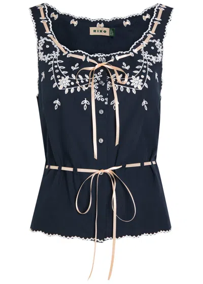 Rixo London Cassandra Embroidered Ribbon-tie Blouse In Blue