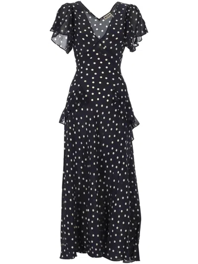 Rixo London Polka-dot Ruffled Maxi Dress In Black
