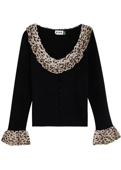 Rixo London Rixo Laurel Leopard-trimmed Wool Cardigan In Black