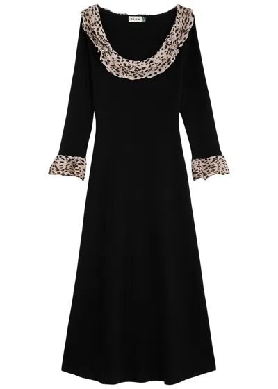 Rixo London Rixo Mika Leopard-trimmed Wool-blend Maxi Dress In Black