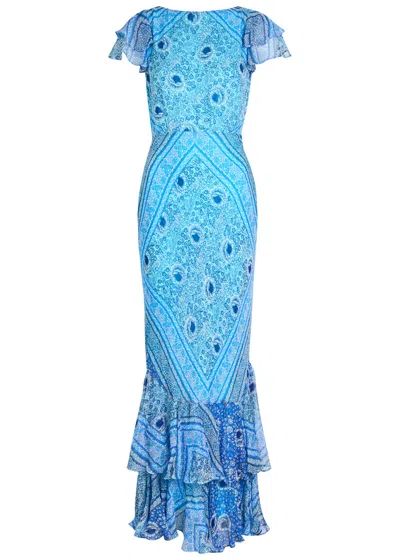 Rixo London Rixo Ordinia Patterned Chiffon Maxi Dress In Blue