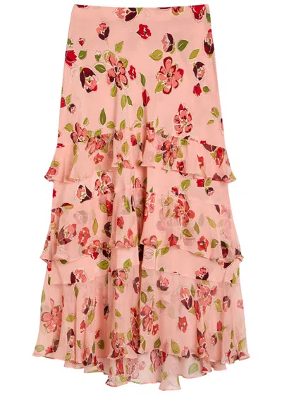 Rixo London Rixo Preslee Floral Ruffled Silk-chiffon Midi Skirt In Pink