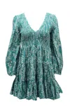 Shop Rixo London Sasha Long Sleeve Mini Dress In Green Cotton In Blue