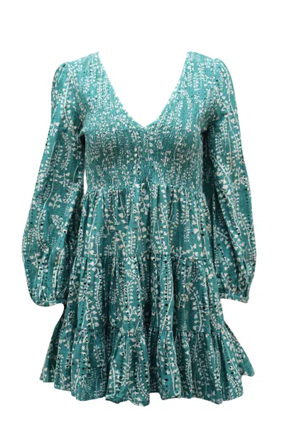 Rixo London Rixo Sasha Long Sleeve Mini Dress In Green Cotton In Blue