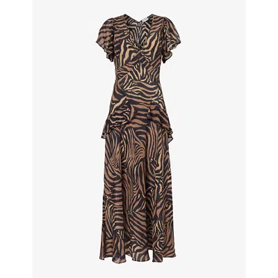 Rixo London Rixo Womens Tiger Patchwork Black Evie Tiger-pattern Silk Midi Dress