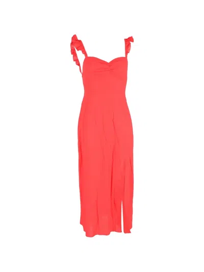 Pre-owned Rixo London Ruffle Side-slit Dress In Red