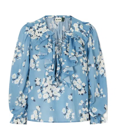 Rixo London Milia Ruffled Floral-print Cotton-blend Voile Blouse In Blue