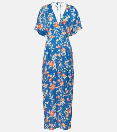 Rixo London Sadie Floral Satin Jacquard Midi Dress In Blue