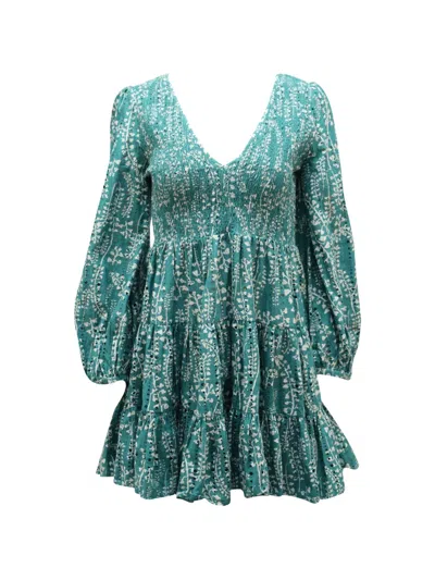 Pre-owned Rixo London Sasha Long-sleeve Tiered Mini Dress In Green