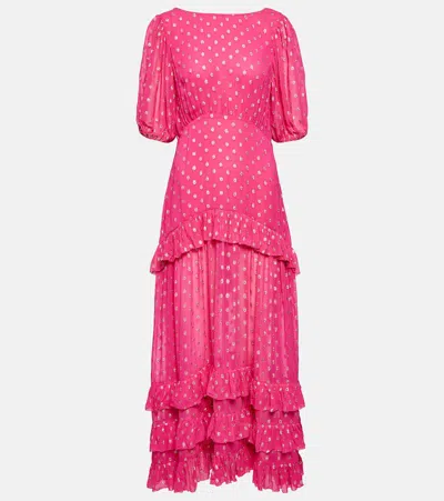 Rixo London Shireen Ruffled Polka-dot Metallic Fil Coupé Maxi Dress In Fuchsia