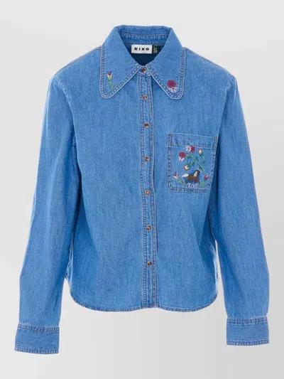 Rixo London Shirt Long Sleeves Embroidered Collar Front Pocket In Blue