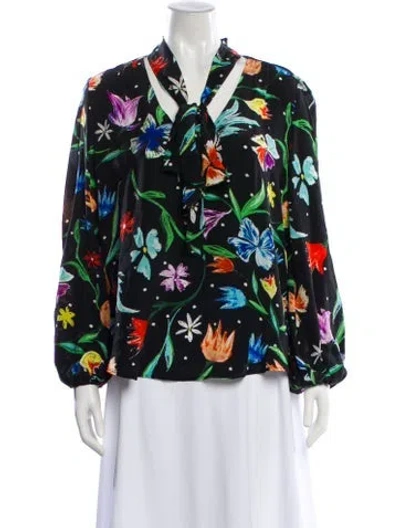 Pre-owned Rixo London Silk Floral Print Blouse In Black