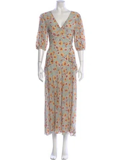 Pre-owned Rixo London Silk Long Dress In Blue