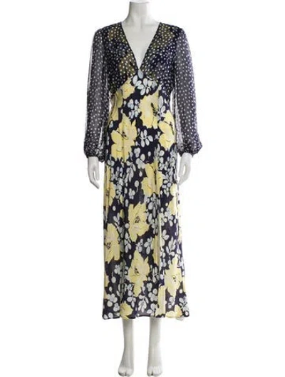 Pre-owned Rixo London Silk Long Dress In Blue