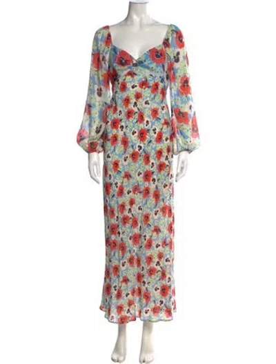 Pre-owned Rixo London Silk Long Dress In Blue