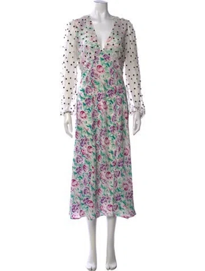 Pre-owned Rixo London Silk Long Dress In White