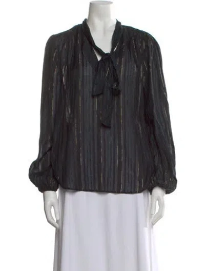 Pre-owned Rixo London Striped Tie Neck Blouse In Black