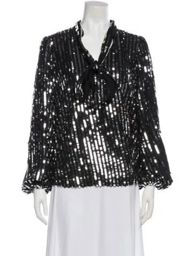 Pre-owned Rixo London Striped Tie Neck Blouse In Silver