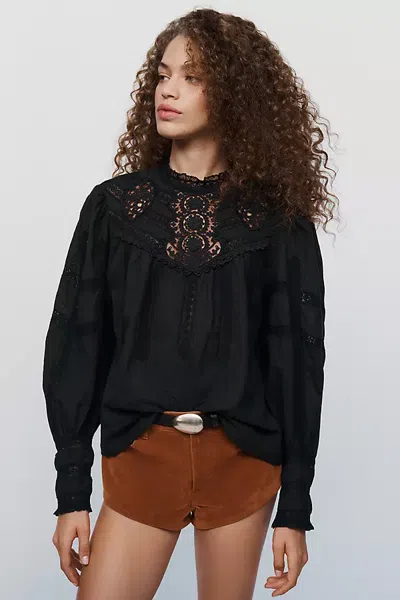 Rixo London Tamsin Cotton Lace Crewneck Blouse In Black