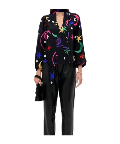 Rixo London Tie-neck V-neck Blouse In Black