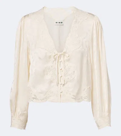 Rixo London Tove Embroidered Floral Satin Blouse In White