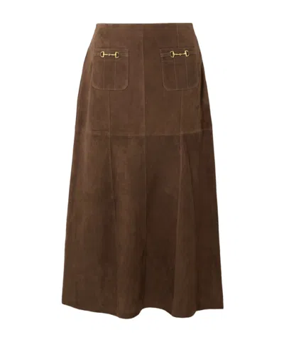 Rixo London Edwina Embellished Paneled Suede Midi Skirt In Brown