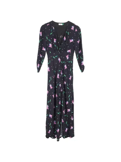 Pre-owned Rixo London Tulip-printed Crepe Midi Dress In Black