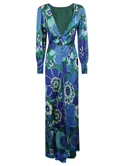 Rixo London V-neck Miami Floral Printed Long Dress In Miami Floral Emerald