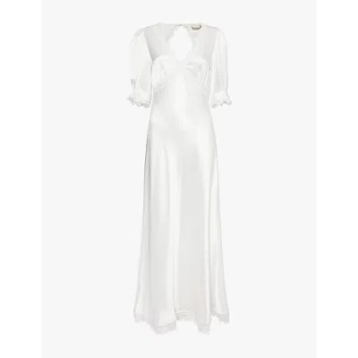Rixo London Womens Ivory Annabella Lace-trim Puff-sleeve Satin Maxi Dress