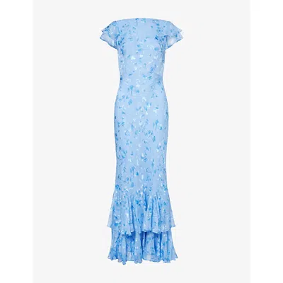 Rixo London Ordinia Ruffled Floral Dress In Blue