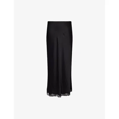 Rixo London Womens Black Stassie Lace-hem Satin Midi Skirt