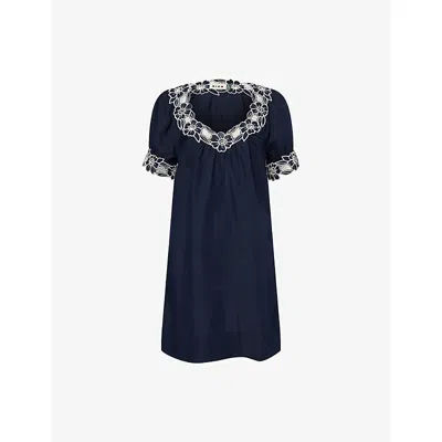 Rixo London Womens Cutwork Embroidery Navy Cristina Floral-embroidered Linen-blend Mini Dress In Multi