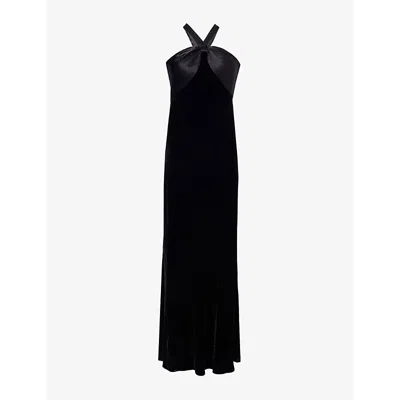 Rixo London Womens Losanna Halter-neck Velvet Maxi Dress Black