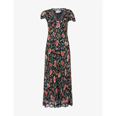RIXO LONDON WOMENS BUTTERFLY FLORAL BLACK CLARICE FLORAL WOVEN MIDI DRESS